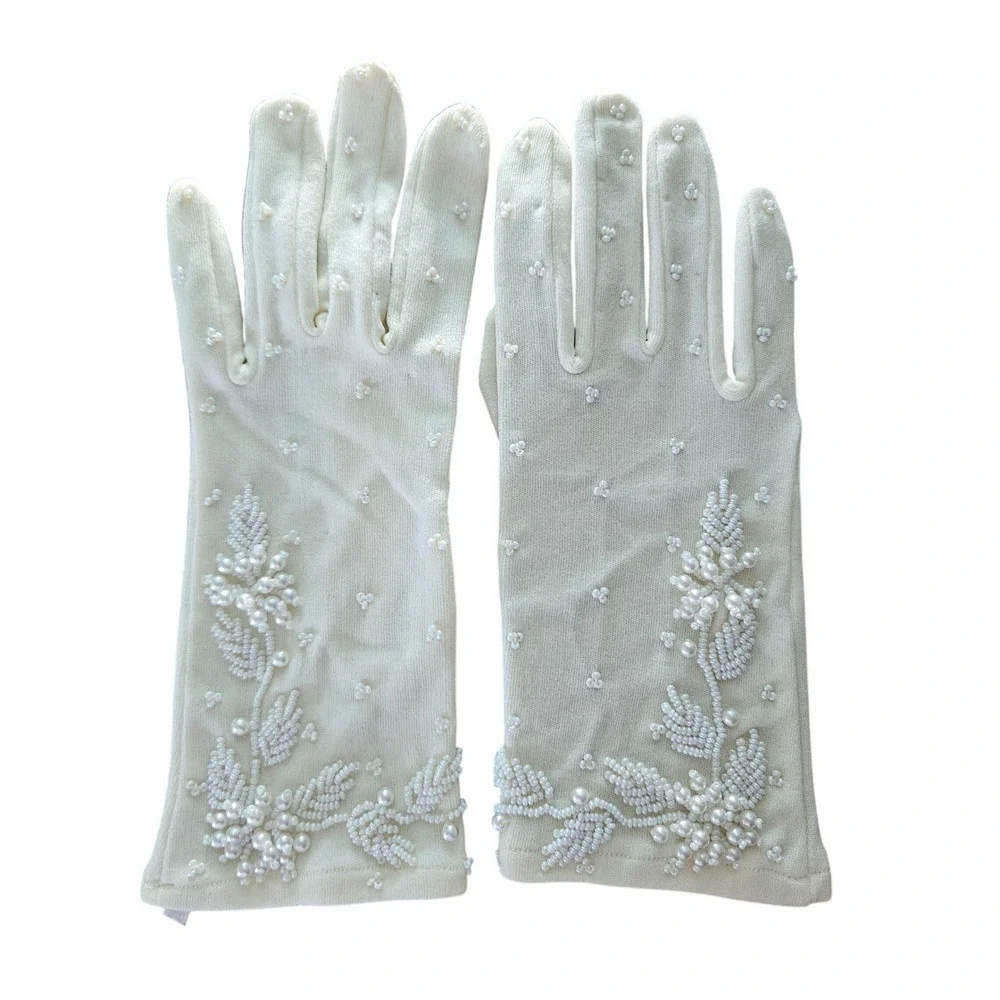 Vintage Cream Beaded Floral Stretch Nylon Gloves Faux Pearl Bridal Formal NEW